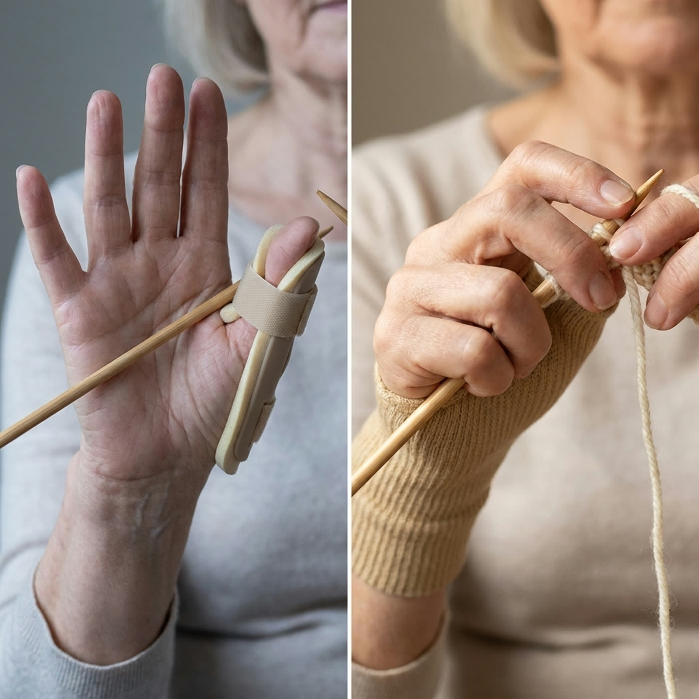 Side by side: a rigid brace locking the hand still, versus the wrap allowing a normal knitting grip