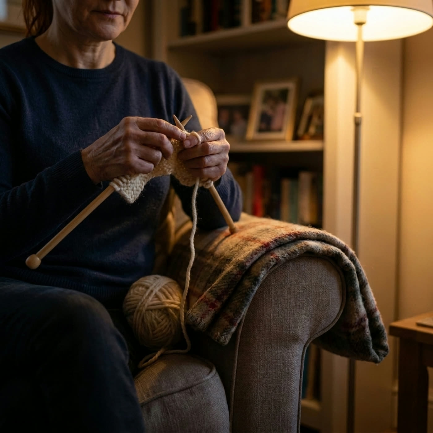 A woman knitting in an armchair by lamplight in the evening