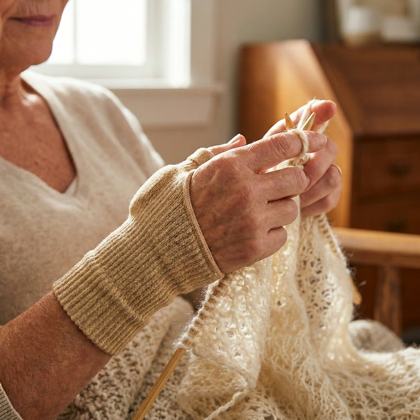 Close-up of hands knitting while wearing the wrap, fingers free and working the yarn