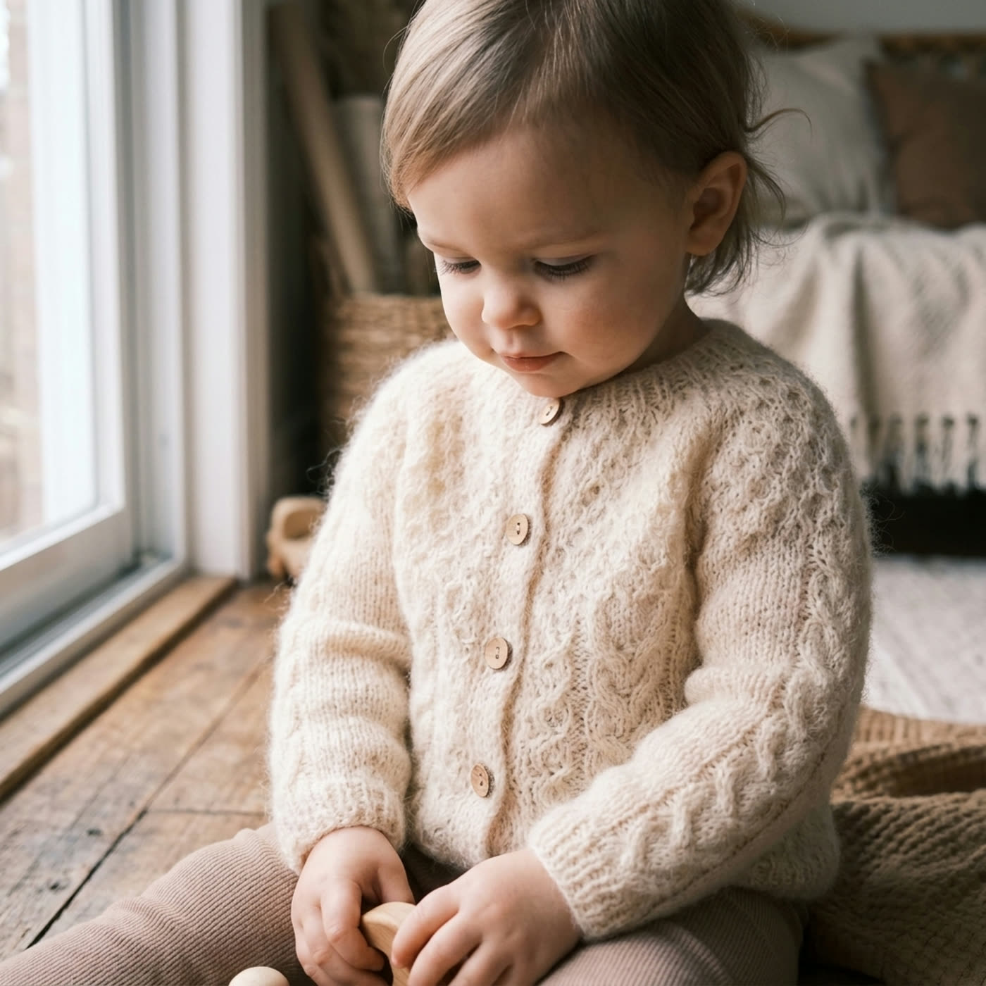 A toddler wearing a finished cream cable-knit cardigan